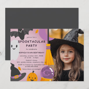 パープルオレンジのかわいいハロウィンキッズ誕生日 招待状