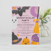 パープルオレンジのかわいい写真 ハロウィン キッズ 誕生日 招待状 (スタンド正面)