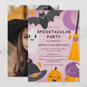 パープルオレンジのかわいい写真 ハロウィン キッズ 誕生日 招待状