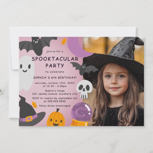 パープルオレンジのハロウィンお子様誕生日写真 招待状 (正面)