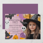 パープルオレンジのハロウィンお子様誕生日写真 招待状 (正面/裏面)