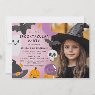 パープルオレンジのハロウィンお子様誕生日写真 招待状