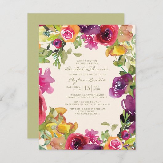 パープルオレンジイエローフローラブライダルシャワー 招待状 (正面/裏面)