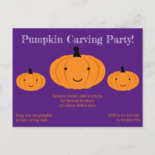 パープルオレンジカボチャハローウィンパーティ招待状 インビテーションポストカード (正面)