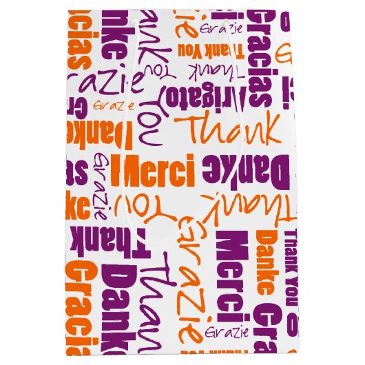 パープルオレンジサンキュータイポグラフィワードコラージュ ミディアムペーパーバッグ (正面)