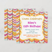 パープルオレンジストライプの誕生日パーティー招待状 招待状 (正面/裏面)