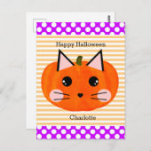 パープルオレンジパンプキンキャットハッピーハローウィン ポストカード (正面/裏面)