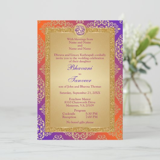パープルオレンジ金ゴールドフェイクグリッターガネーシャ 招待状 (スタンド正面)