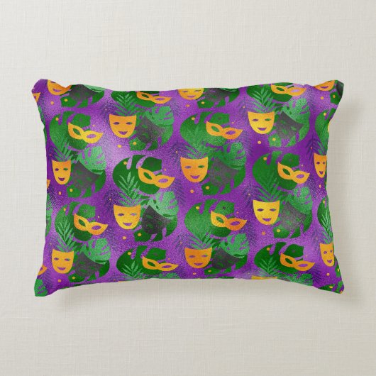 パープルオレンジ金ゴールドマルディグラスマスク葉ズ アクセントクッション (正面)
