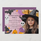 パープルオレンジ ハロウィン 子ども 誕生日 写真 招待状 (正面/裏面)