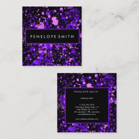 パープルオンブラック絵を描(ばちゃばちゃ)跳ねる スクエア名刺 (正面/裏面)