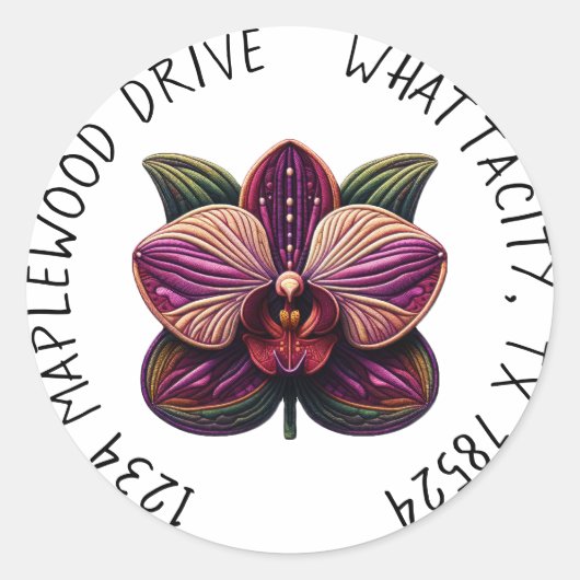 パープルオーキッドと差出人住所 ラウンドシール (正面)