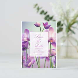 パープルオーキッドの花の結婚式のSave Dateポストカード 案内ポストカード