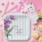 パープルオーキッドグリーンストライプフローラ30th誕生日 ペーパープレート (パーティー)