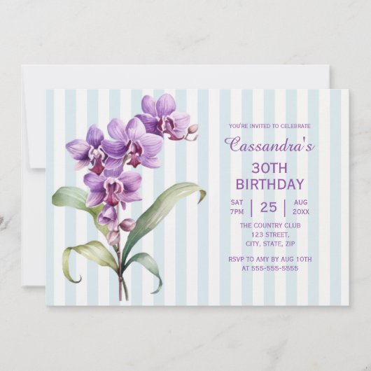 パープルオーキッドグリーンストライプフローラ30th誕生日 招待状 (正面)
