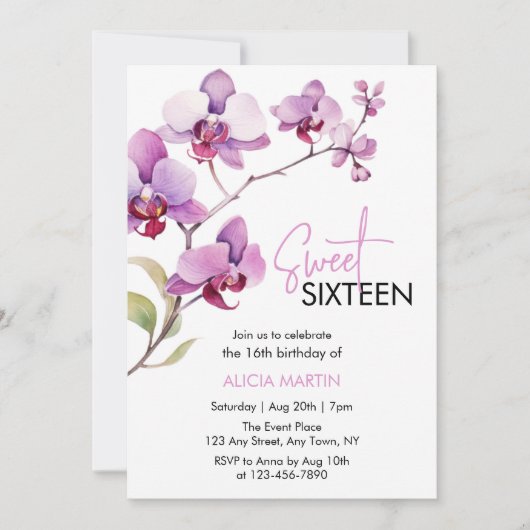 パープルオーキッドフラワーブロッサムスウィート16誕生日 招待状 (正面)