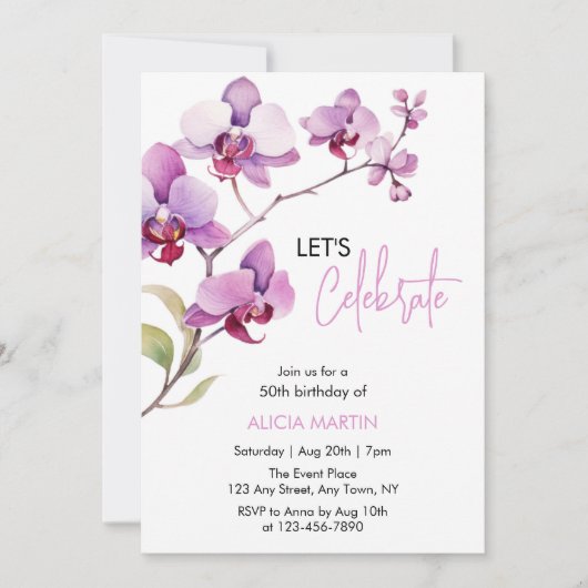パープルオーキッドフラワーブロッサム50誕生日 招待状 (正面)