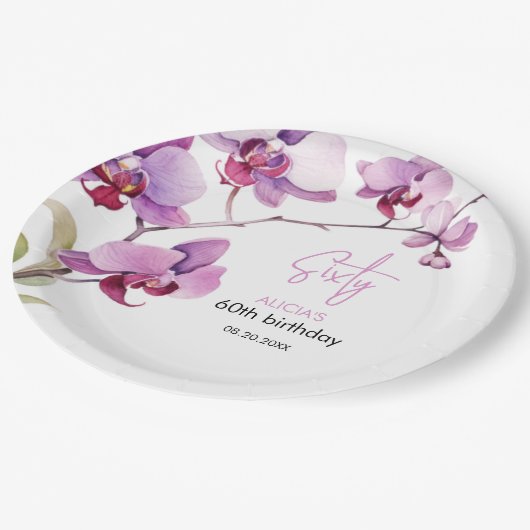 パープルオーキッドフラワーブロッサム60誕生日 ペーパープレート (アングル)