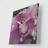 パープルオーキッド&ガーデンカラフルフローラ スクエア壁時計 (傾斜)
