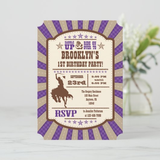 パープルカウボーイロデオ誕生日パーティーの招待 招待状 (スタンド正面)