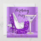 パープルカクテルグリッターハイヒールバースデーパーティー 招待状 (正面)