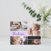 パープルカスタムベビーバプテスマありがとうフォトコラージュ ポストカード (スタンド正面)