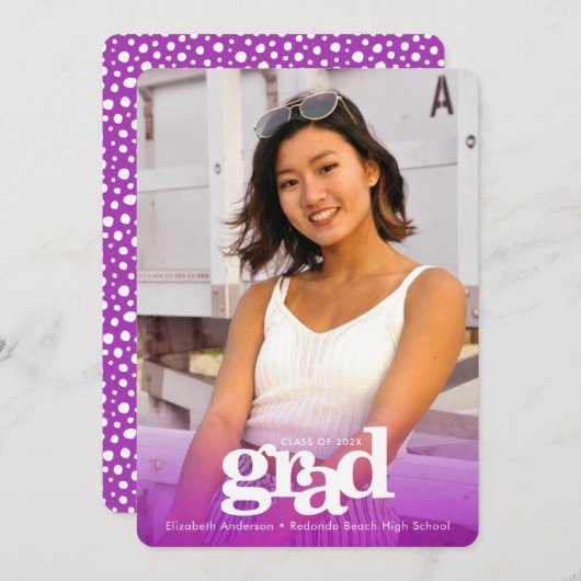 パープルカスタム卒業式はっきりした写真タイプモダン 案内状 (正面/裏面)