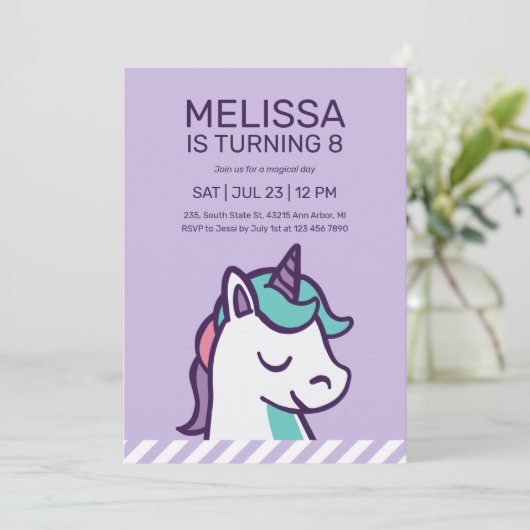 パープルカッコいいユニコーンガール誕生日 招待状 (スタンド正面)