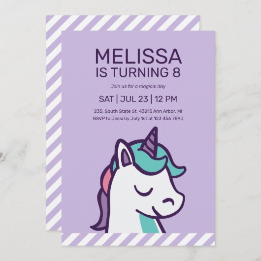 パープルカッコいいユニコーンガール誕生日 招待状 (正面/裏面)
