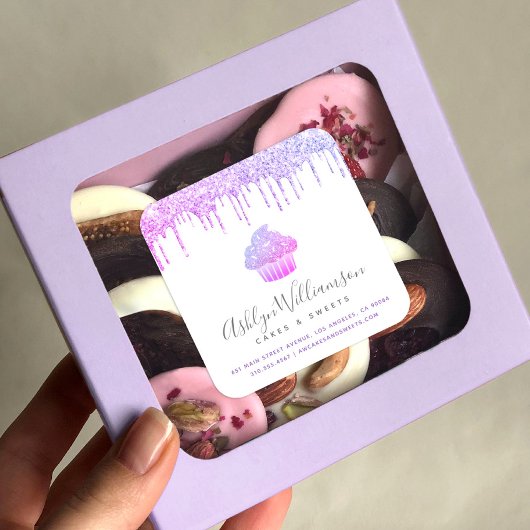 パープルカップケーキベーカリーペストリーシェフグリッタードリップ スクエアシール