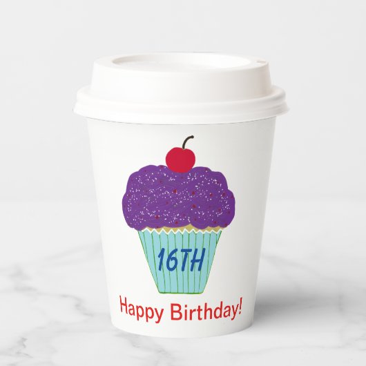 パープルカップケーキ16th誕生日パーティー 紙コップ (正面)