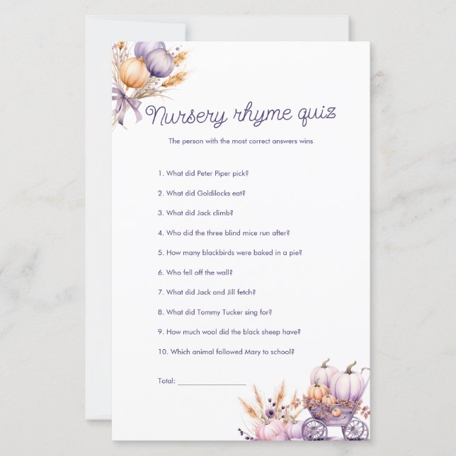 パープルカボチャ子供部屋韻クイズベビーシャワーゲーム (正面)