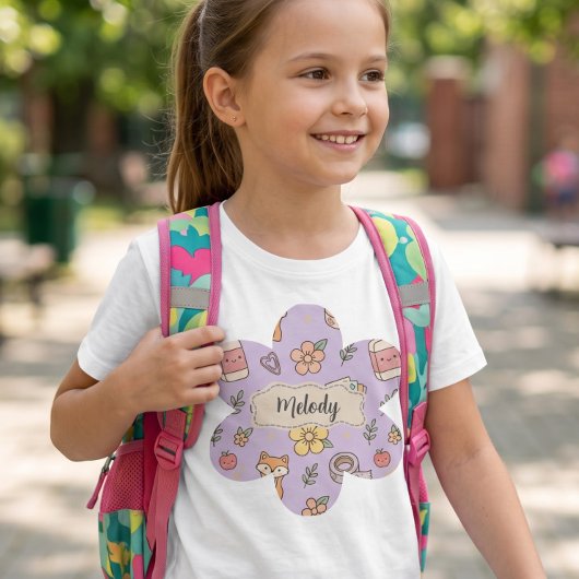 パープルカラーの新学期準備用品パターン  Tシャツ