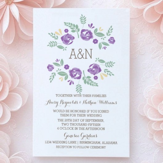 パープルカントリーフローラモノグラム結婚式の招待 招待状