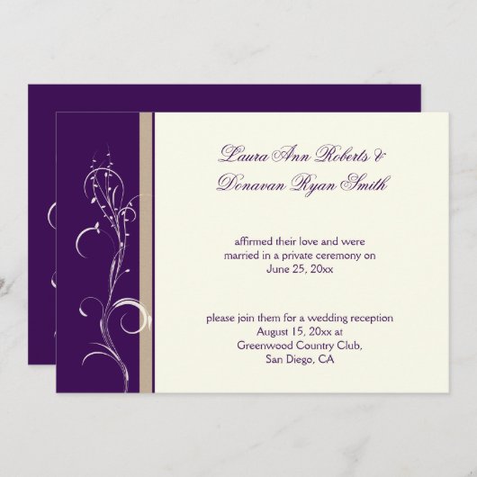 パープルカーキアイボリーフローラスワールポスト結婚ズ 招待状 (正面/裏面)