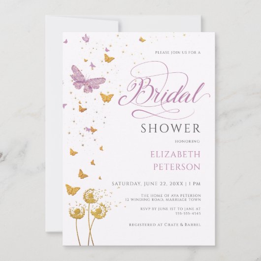 パープルガーデンバタフライワイルドフラワーズブライダルシャワー 招待状 (正面)