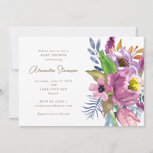 パープルガーデンフローラミニマリスト赤ちゃんシャワー 招待状 (正面)