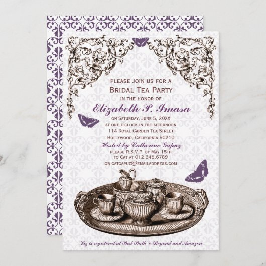 パープルガーデンブライダルティーパーティの招待状 招待状 (正面/裏面)