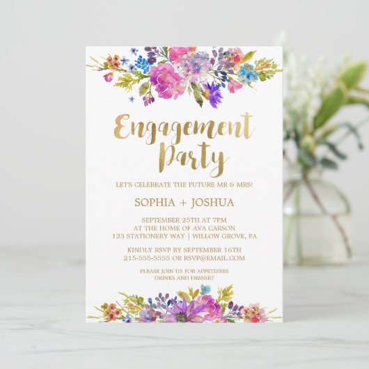 パープルガーデン金ゴールド婚約パーティ招待状 招待状 (スタンド正面)