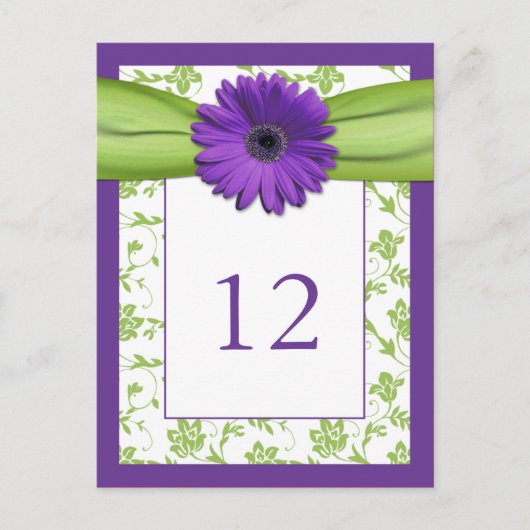 パープルガーベラデイジーグリーンダマスクテーブル番号カード ポストカード (正面)