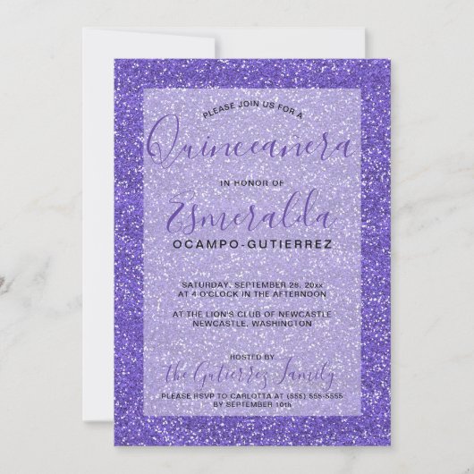 パープルガーリーグリッターキンセアニェラ誕生日 招待状 (正面)