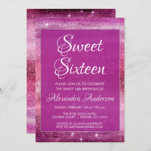 パープルガーリーグリッタースパークルスウィート16誕生日 招待状 (正面/裏面)