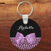 パープルガーリージャガープリントかわいい弓と名前 キーホルダー (正面)