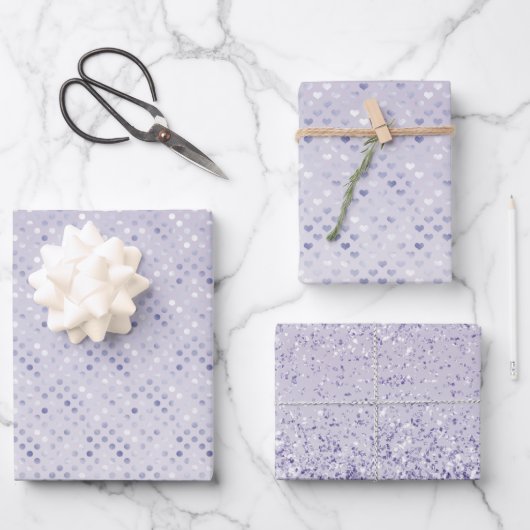 パープルガーリードットハートグリッターグリッツ ラッピングペーパーシート (正面)