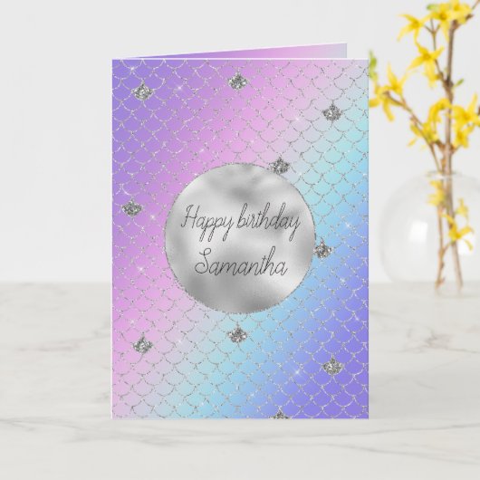 パープルガーリーピンクアクアシルバーマーメイドグリッター カード (黄色い花)