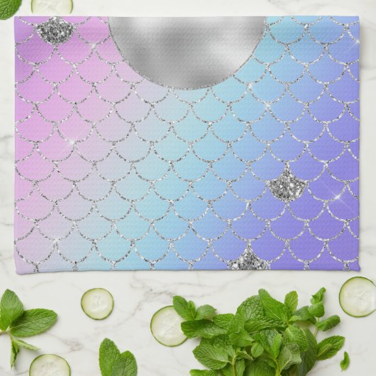 パープルガーリーピンクアクアシルバーマーメイドグリッター キッチンタオル (折り畳み)