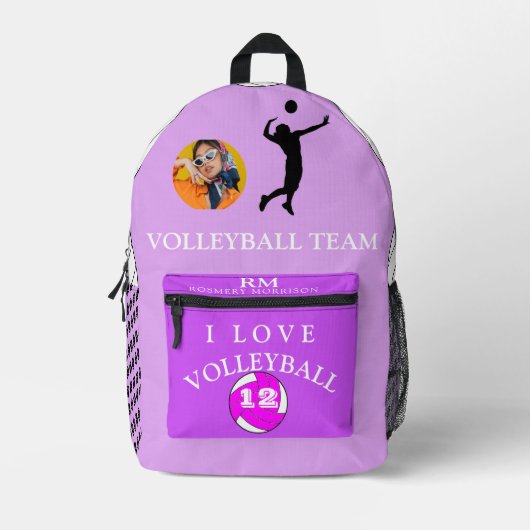 パープルガーリーフォトバレーボールバッグパーソナライズされた プリントバックパック (正面)