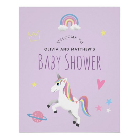 パープルガーリーユニコーン赤ちゃんシャワー歓迎サイン ポスター (正面)