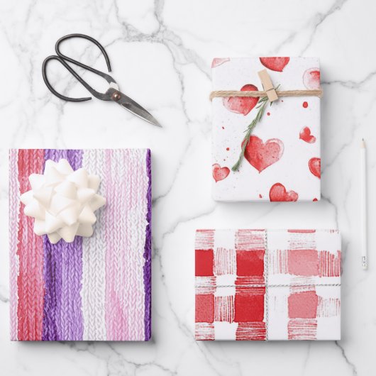 パープルガーリー赤面ピンクレッドストライプ誕生日 ラッピングペーパーシート (正面)