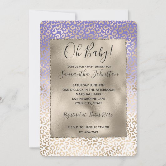 パープルガーリー金ゴールドグラデーションヒョウ印刷 招待状 (正面)